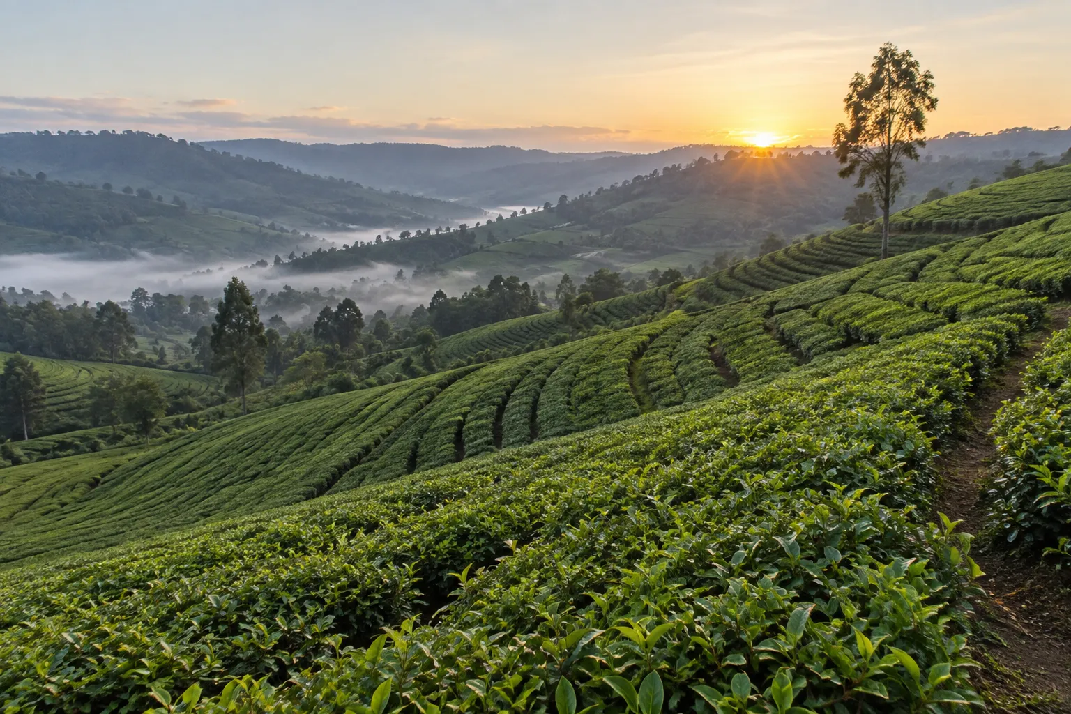 Rows of clipped tea bushes on a steep hillside at dawn, mist in the valley and first sun on the ridge