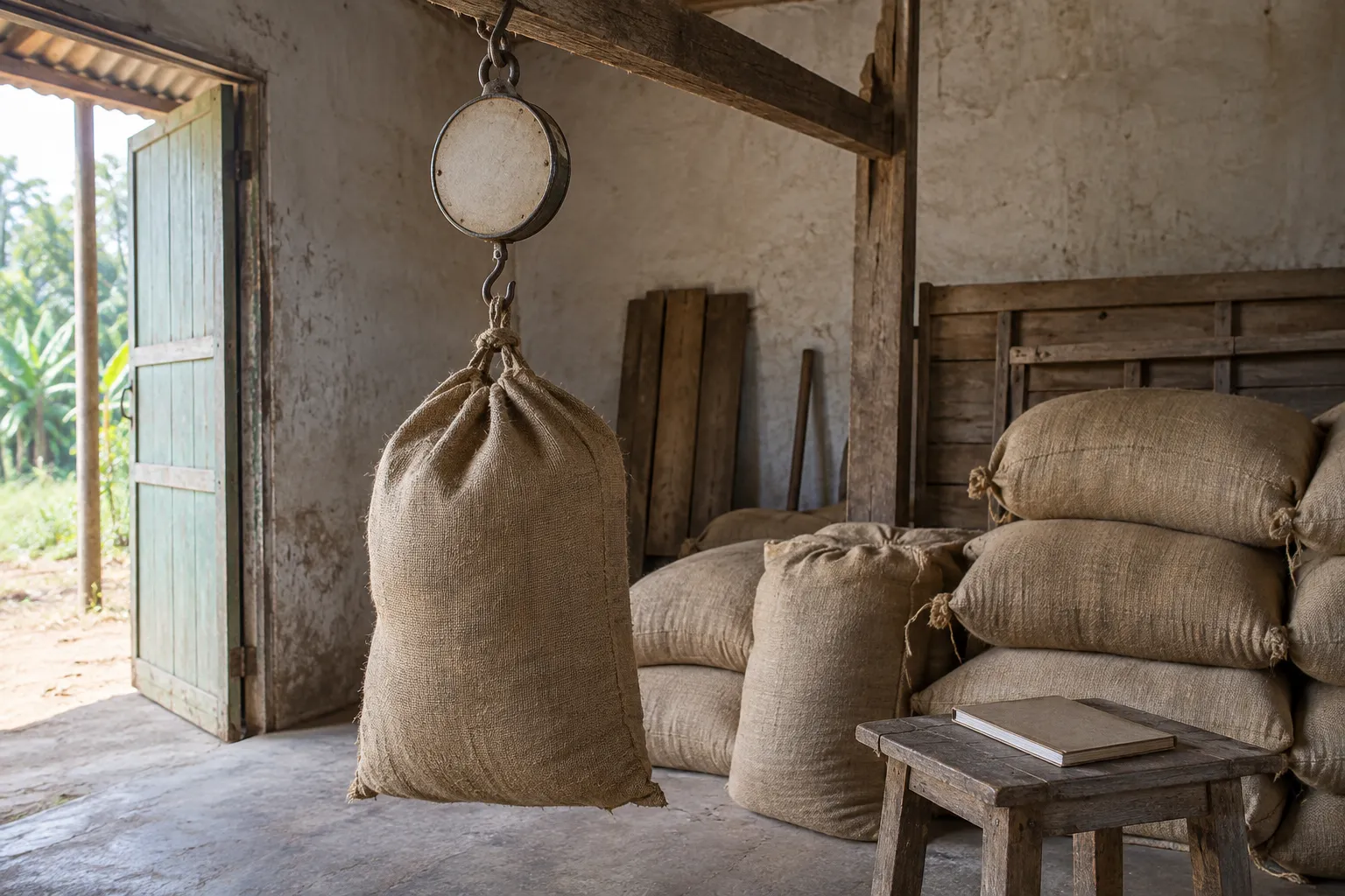 A hanging mechanical scale with a blank dial holding a full burlap sack at a collection point, more sacks stacked behind