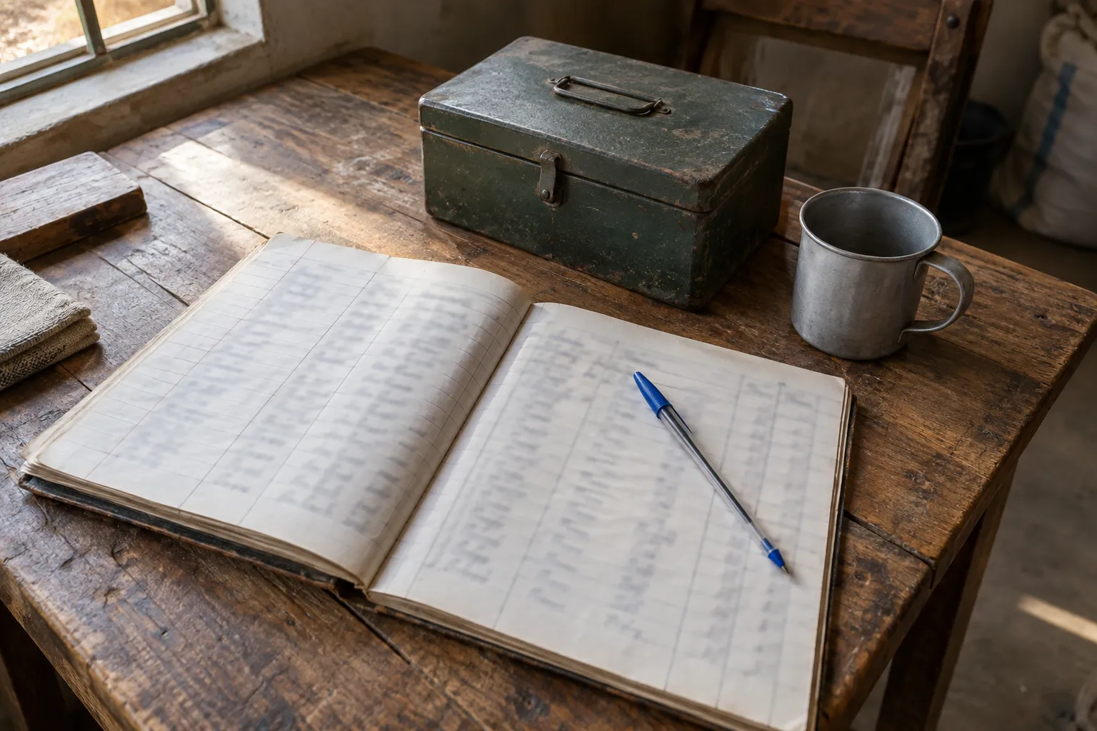 A hand-ruled paper pay ledger open on a worn wooden table with a ballpoint pen, a green cash box and a tin mug