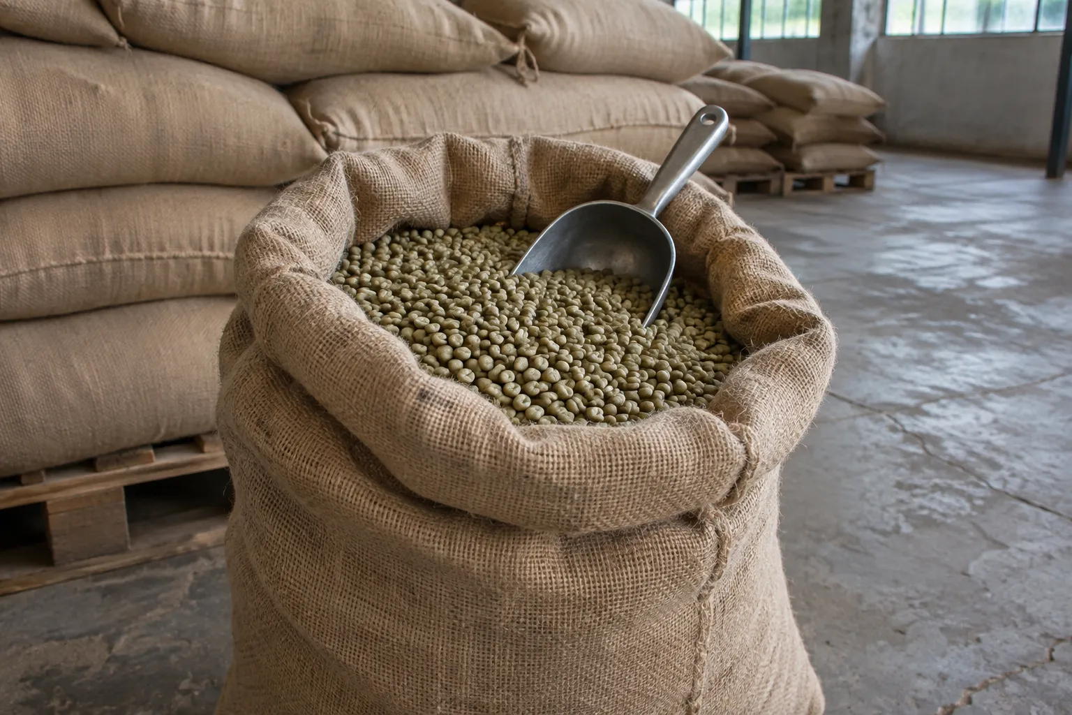 An open burlap sack of pale green unroasted coffee beans with a metal scoop, blank sacks stacked on pallets behind