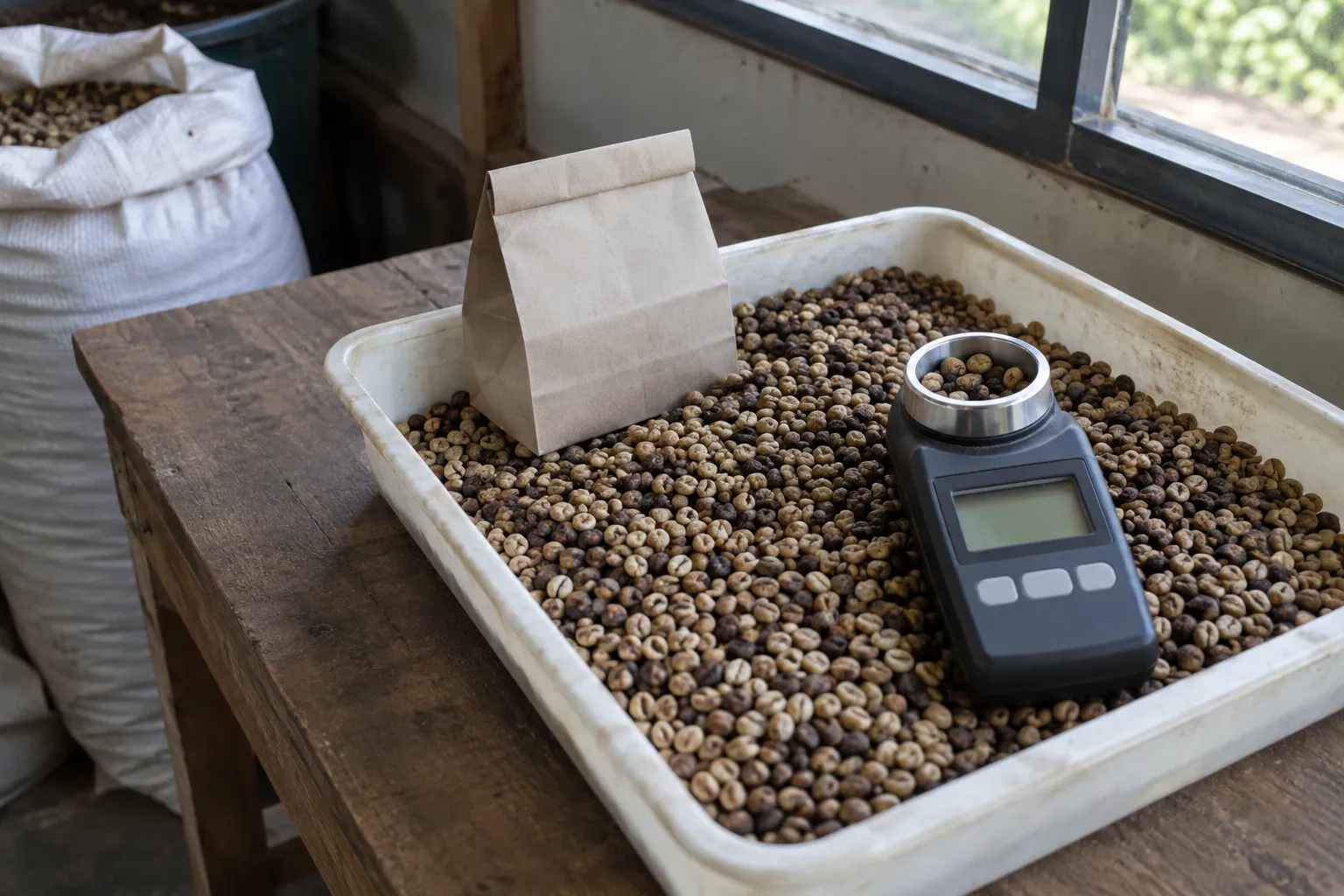 A hand-held moisture meter with a blank display resting on a tray of dried coffee beans beside a folded paper sample bag