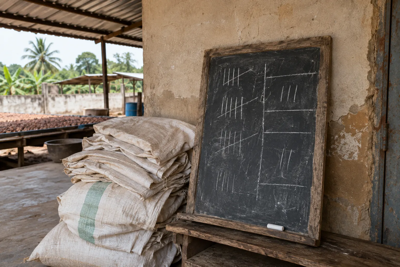 A small blackboard covered in chalk tally marks leaning against the wall of a collection point, blank sacks beside it