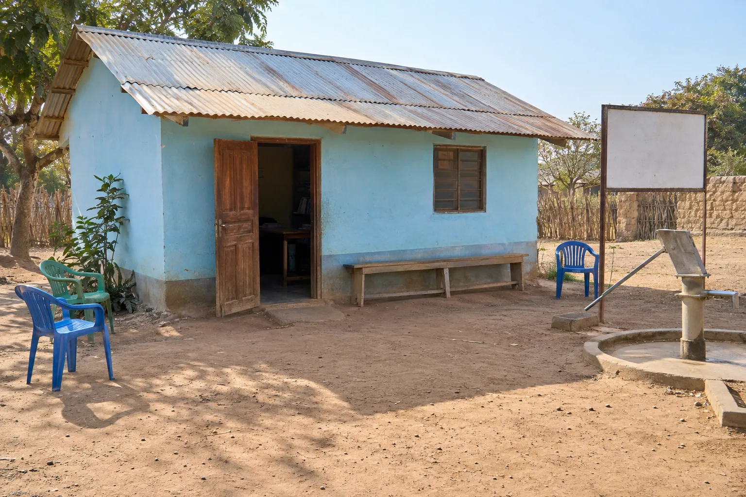 A small tin-roofed cooperative office painted pale blue with its door open, plastic chairs, a bench and a hand pump in the yard